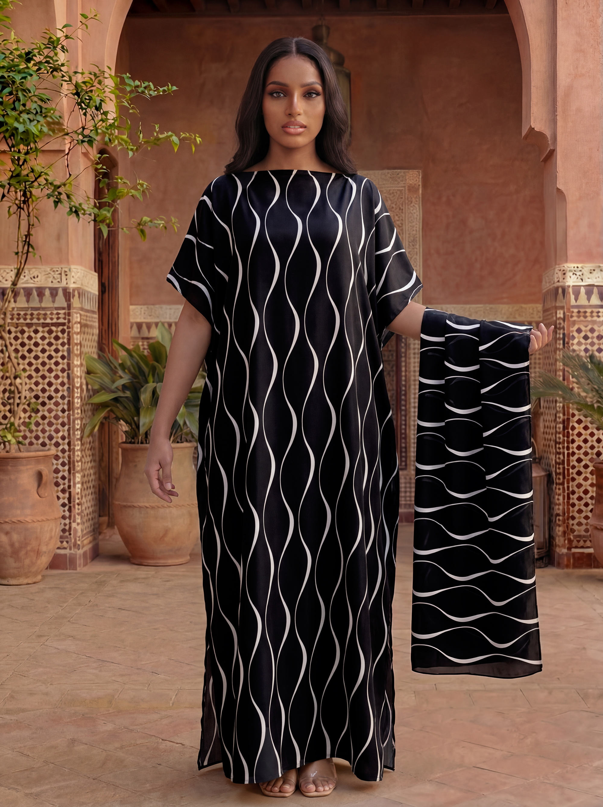 Abaya imprimée style Dubaï avec foulard assorti - Robe maxi kaftan ample à col bateau et manches chauve-souris pour femmes musulmanes