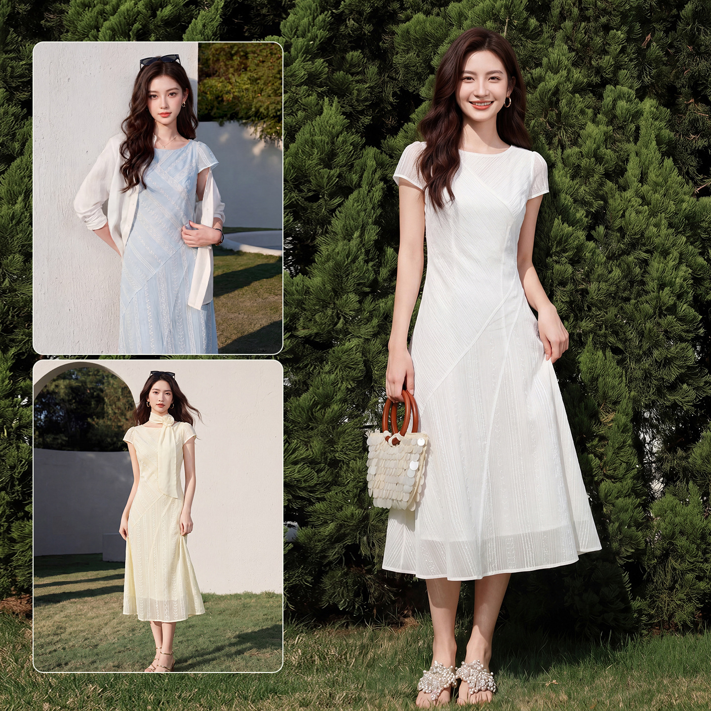 Robe Midi Élégante SENTUBILA à Manches Bouffantes Coupe Trapèze pour Femme, Été 2026, Style Bohème Jacquard, Taille Cintrée, Légère Q62LI7205