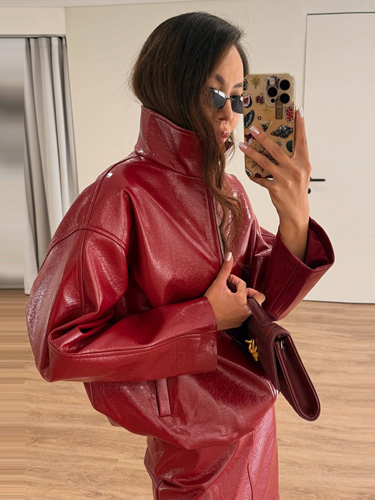 Ensemble 2 pièces pour femmes, veste zippée en simili cuir ciré brillant et jupe mi-longue fendue taille haute, ensemble assorti streetwear d'automne