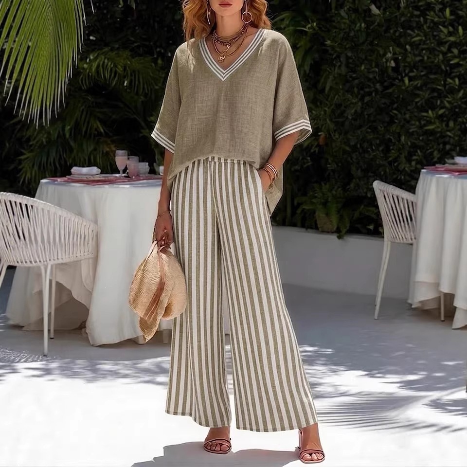 Ensemble décontracté d'été pour femme : Haut rayé à col en V et pantalon large taille haute