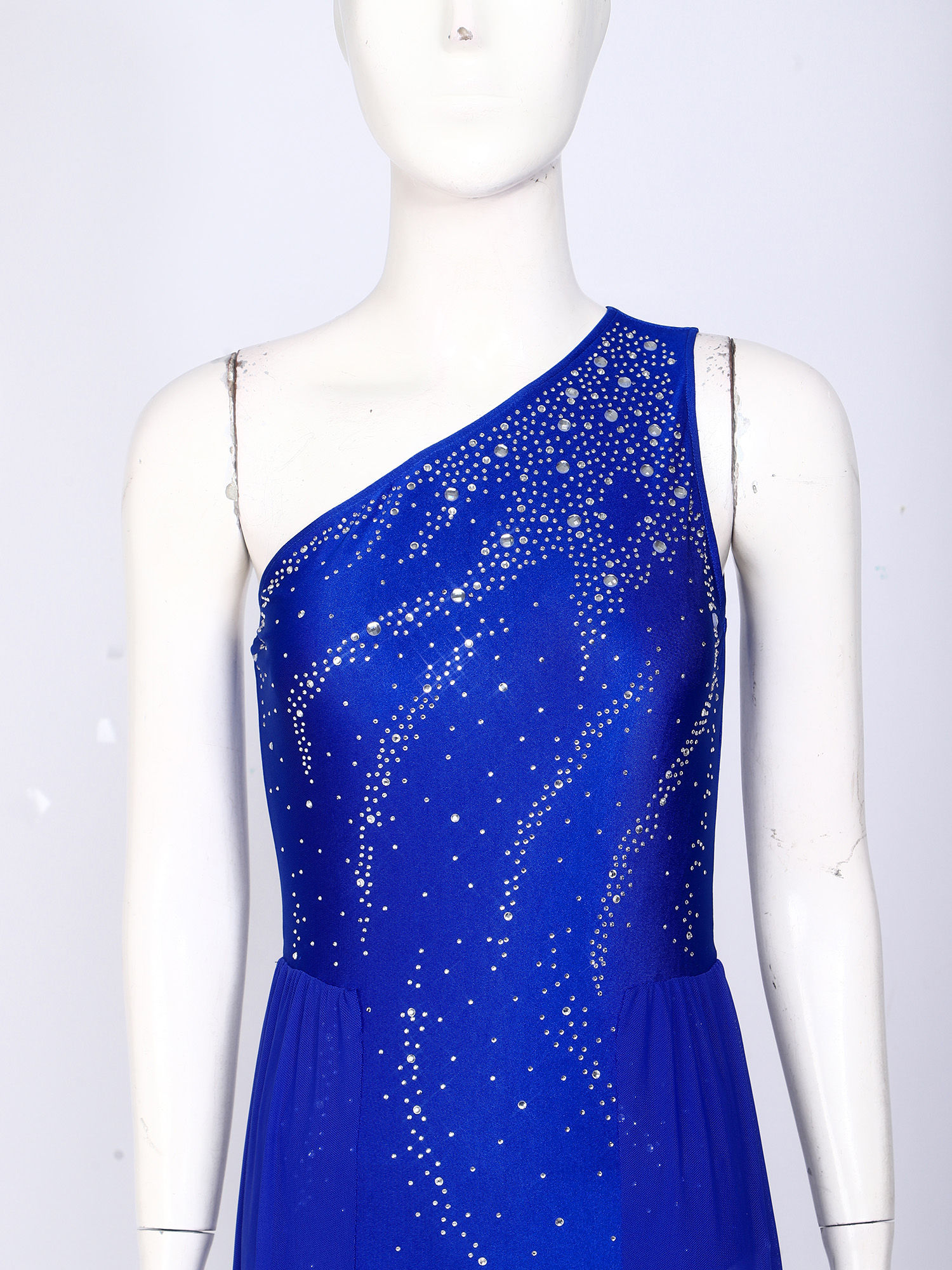 Robe de danse de ballet pour femme, tenue de patinage artistique, justaucorps à strass sans manches asymétrique avec jupe fendue en maille