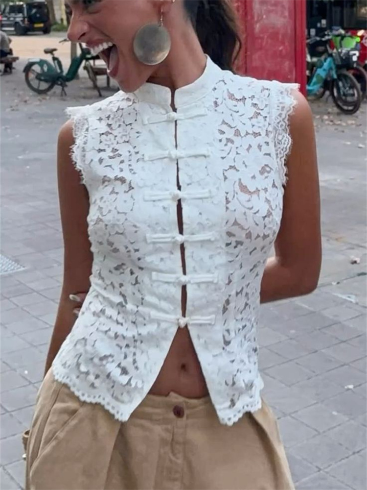 Gilet en dentelle sans manches sexy Y2K pour femmes, élégant, col haut, épaules dénudées, transparent, boutonné, hauts fins, veste de vacances pour femmes, veste de rue