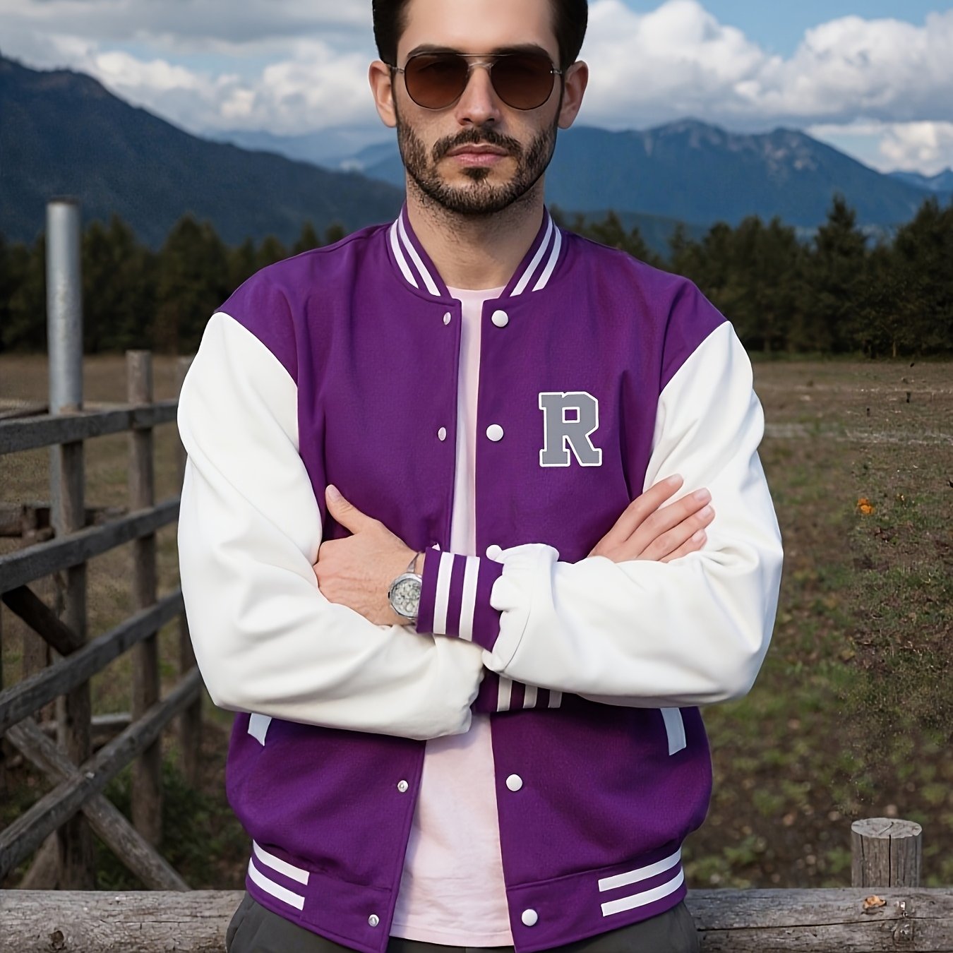 Veste de baseball décontractée pour homme, veste stylée pour homme, design de poche de veste, imprimé motif R tendance