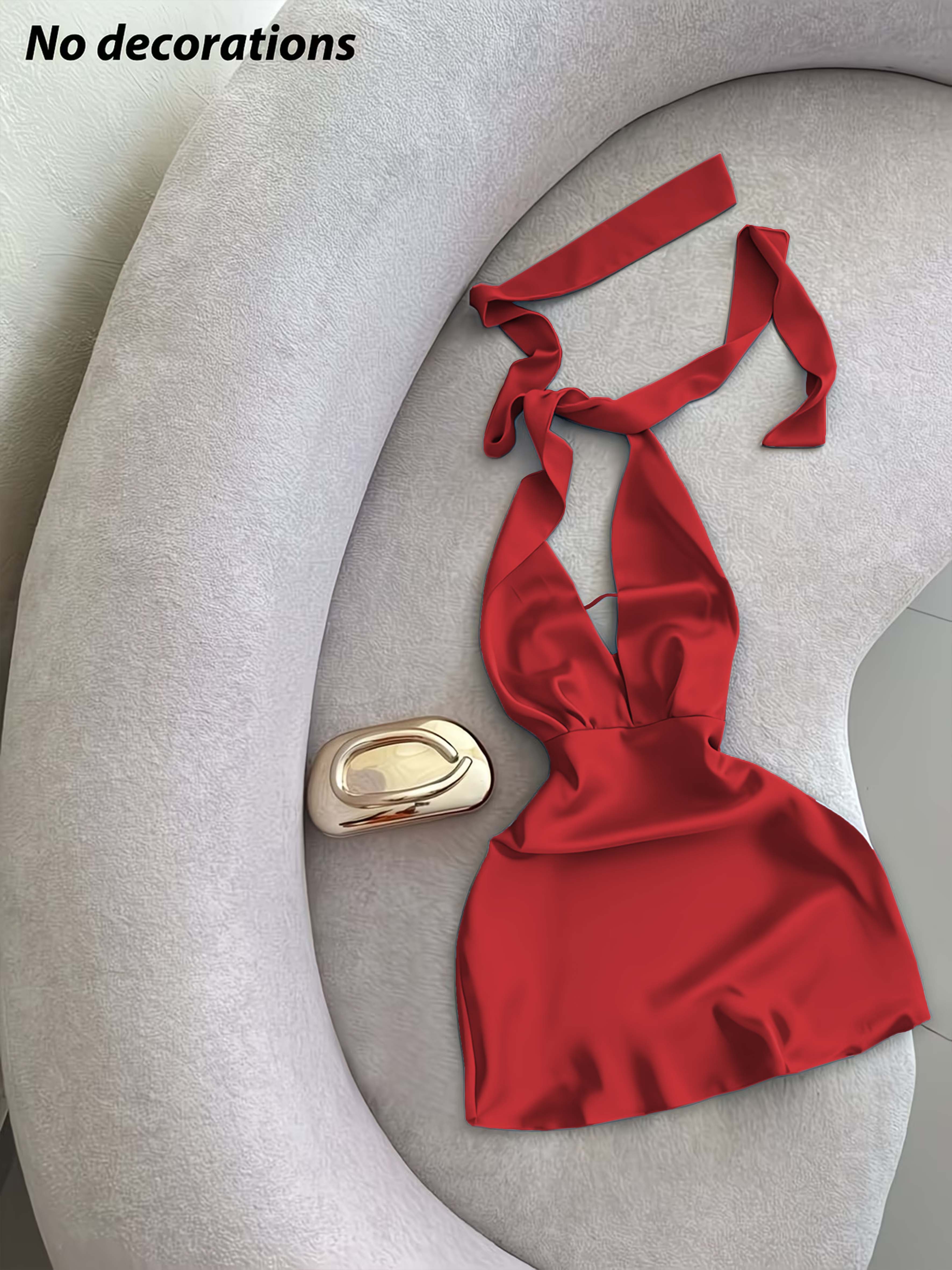 Robe en satin pour femme toutes saisons, dos nu, à nouer à la taille, design élégant en satin pailleté, idéale pour les vacances et le quotidien