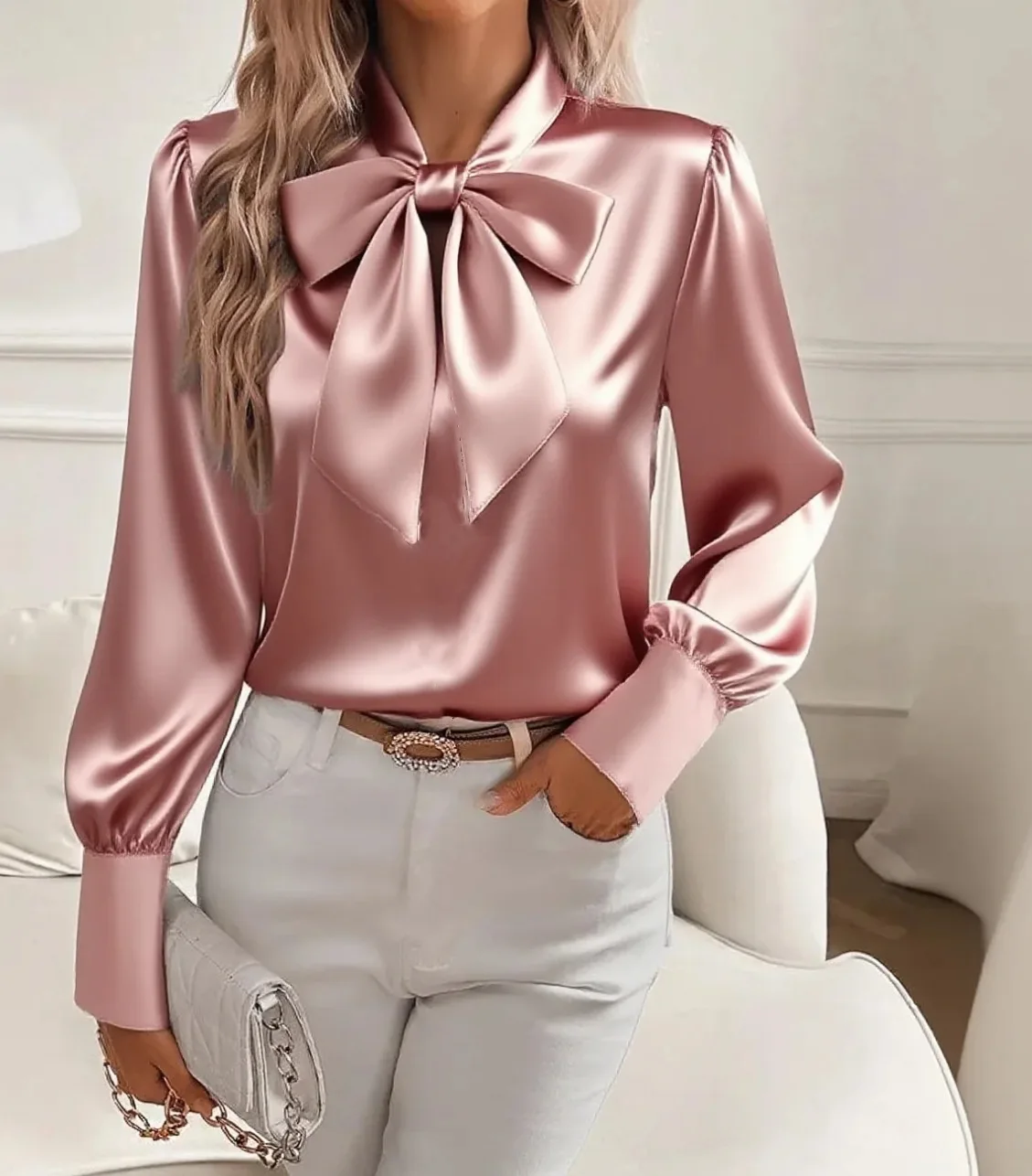 Chemisier en Satin à manches longues pour femmes, élégant, bureau, manches lanternes, doux, décontracté, chemises féminines, couleur unie, minimaliste, automne