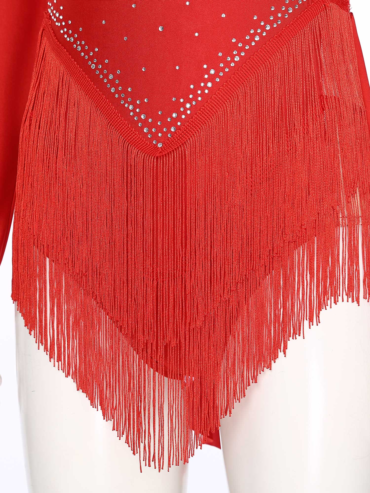 Robe de danse latine pour femmes, Costume de spectacle de patinage artistique cha-cha Tango Samba Rumba, manches longues, strass, glands, justaucorps