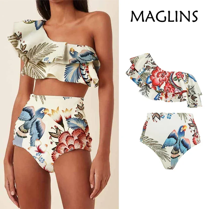 Bikini femme imprimé à volants maillot de bain une épaule Slash boutonnage Bikini deux pièces taille haute ventre Tuck maillots de bain nouveau
