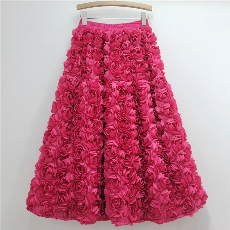 Jupe pour femmes 2025 été polyvalent fleur tridimensionnelle mi-mollet jupe taille haute grande balançoire mode a-ligne jupes longues