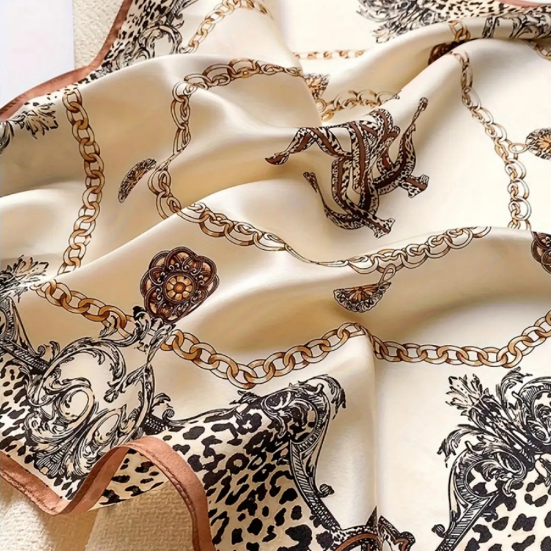 Foulard carré de luxe 100 % pure soie imprimé léopard, bandana à chaîne, foulard de cou, foulard pour cheveux, bandeau, accessoire de sac pour femme, cadeau