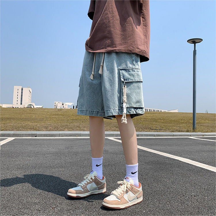 Vêtements de travail rétro américains fins pour hommes, Denim, taille élastique, ample, cinq points, taille moyenne, été