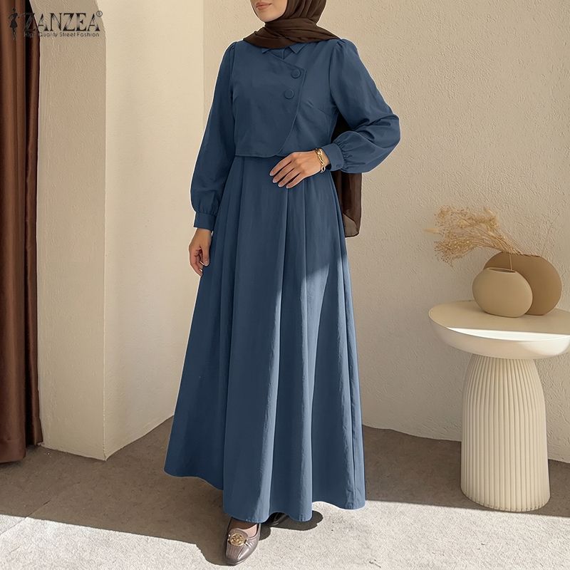 ZANZEA Robe Musulmane Tendance Abaya Ramadan Faux Deux Pièces Femme Élégante Manches Longues Plissée Robe Longue Décontractée Dubaï Kaftan