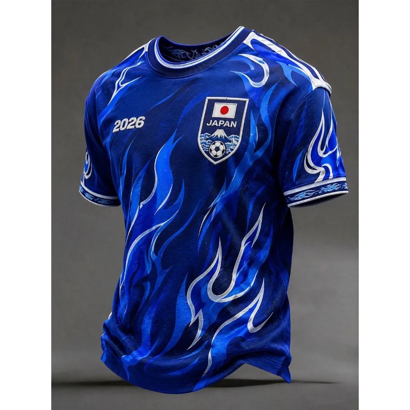 Maillot de football 3D unisexe à imprimé bleu Japon, motif fleur de cerisier, mont Fuji, drapeau, manches courtes, séchage rapide, respirant