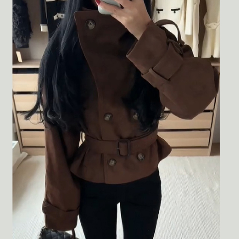 Veste Femme Tendance Col Montant Double Boutonnage Ceinture Ajustée Automne Hiver Tenue Décontractée Urbaine pour Fête et Club