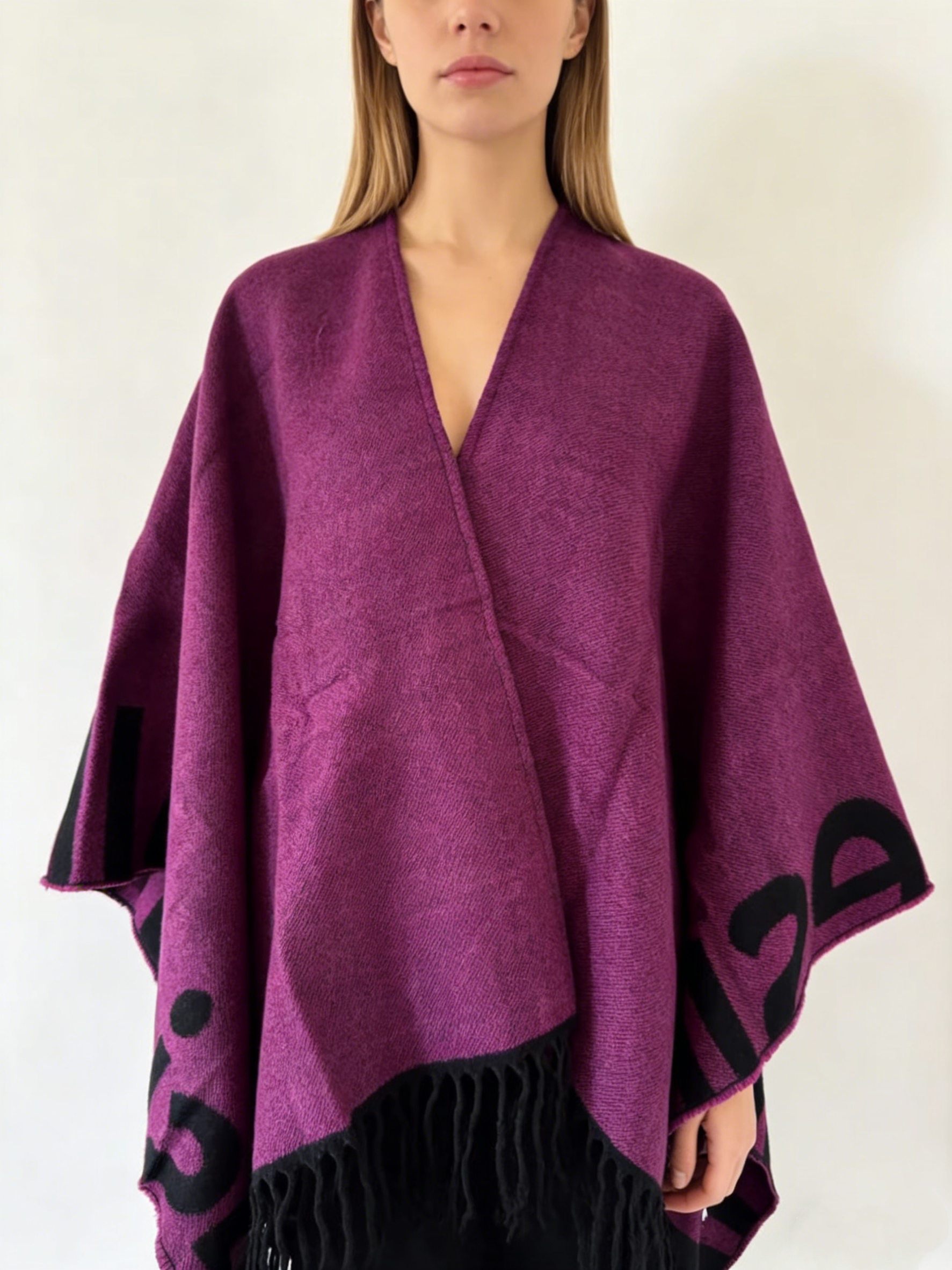 Écharpe châle pour femme, imprimée double face avec pompons, pour la chaleur et la polyvalence, style cape-manteau