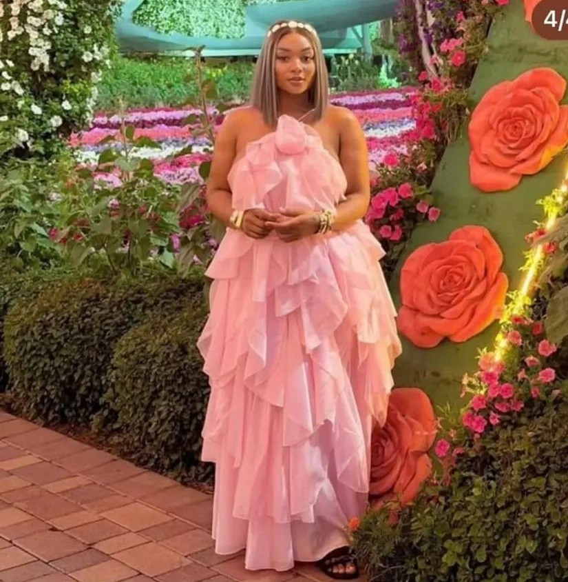 Robes de bal rose à col licou, sans manches, à volants, coupe trapèze, longues, pour soirée, longueur ras du sol, sur mesure, en organza floral, robes maxi à étages