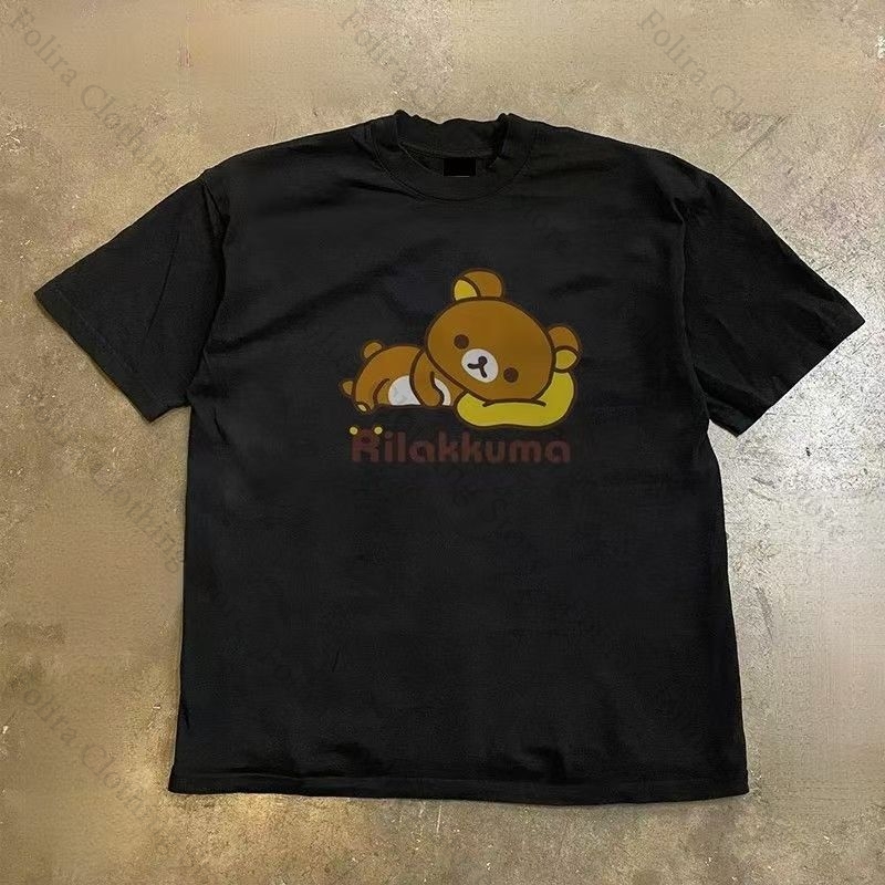 T-shirt Kawaii Rilakkuma en coton, t-shirt d'été confortable à manches courtes, t-shirt pour femmes, t-shirt quotidien pour filles, vêtements décontractés