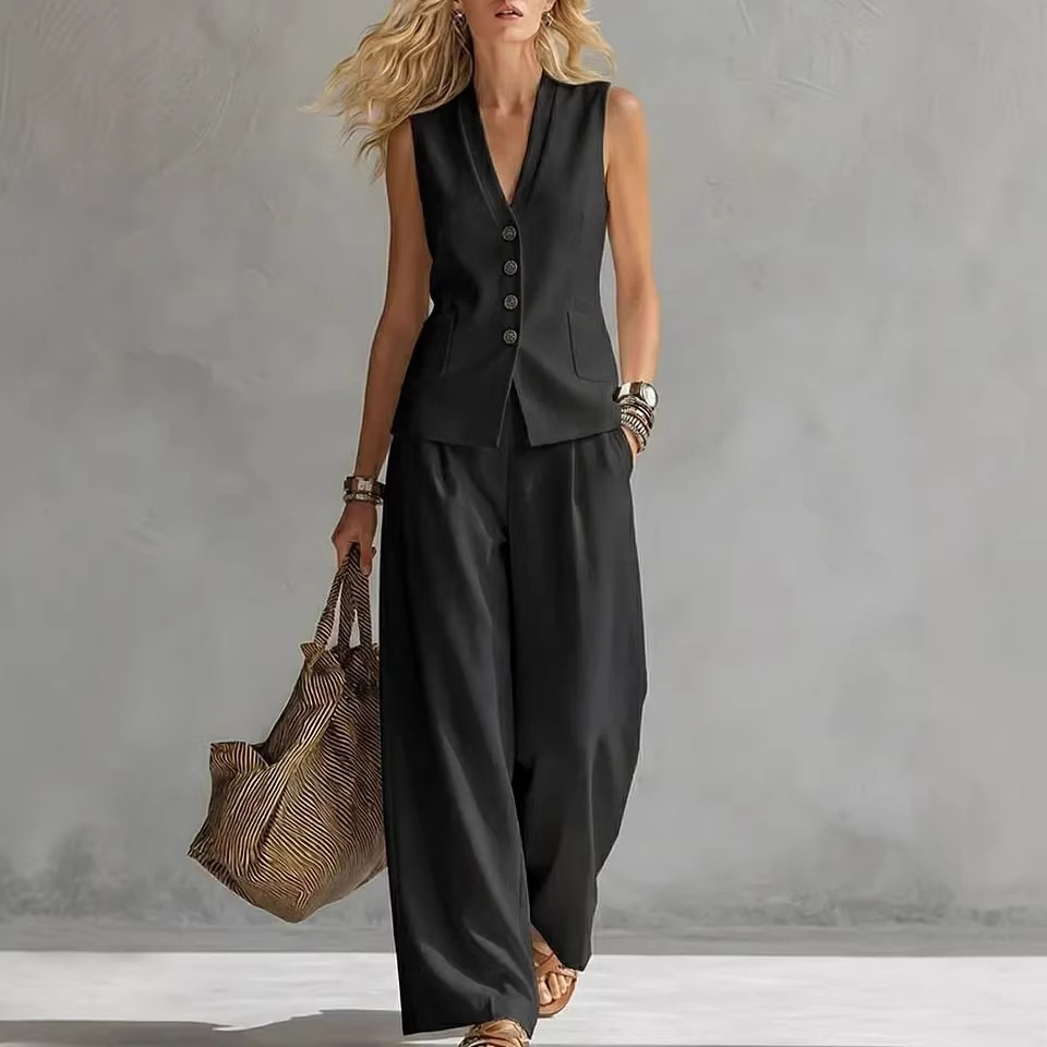Ensemble pantalon femme deux pièces, débardeur col en V sans manches, pantalon long large taille haute, style Y2K streetwear élégant et décontracté 2026