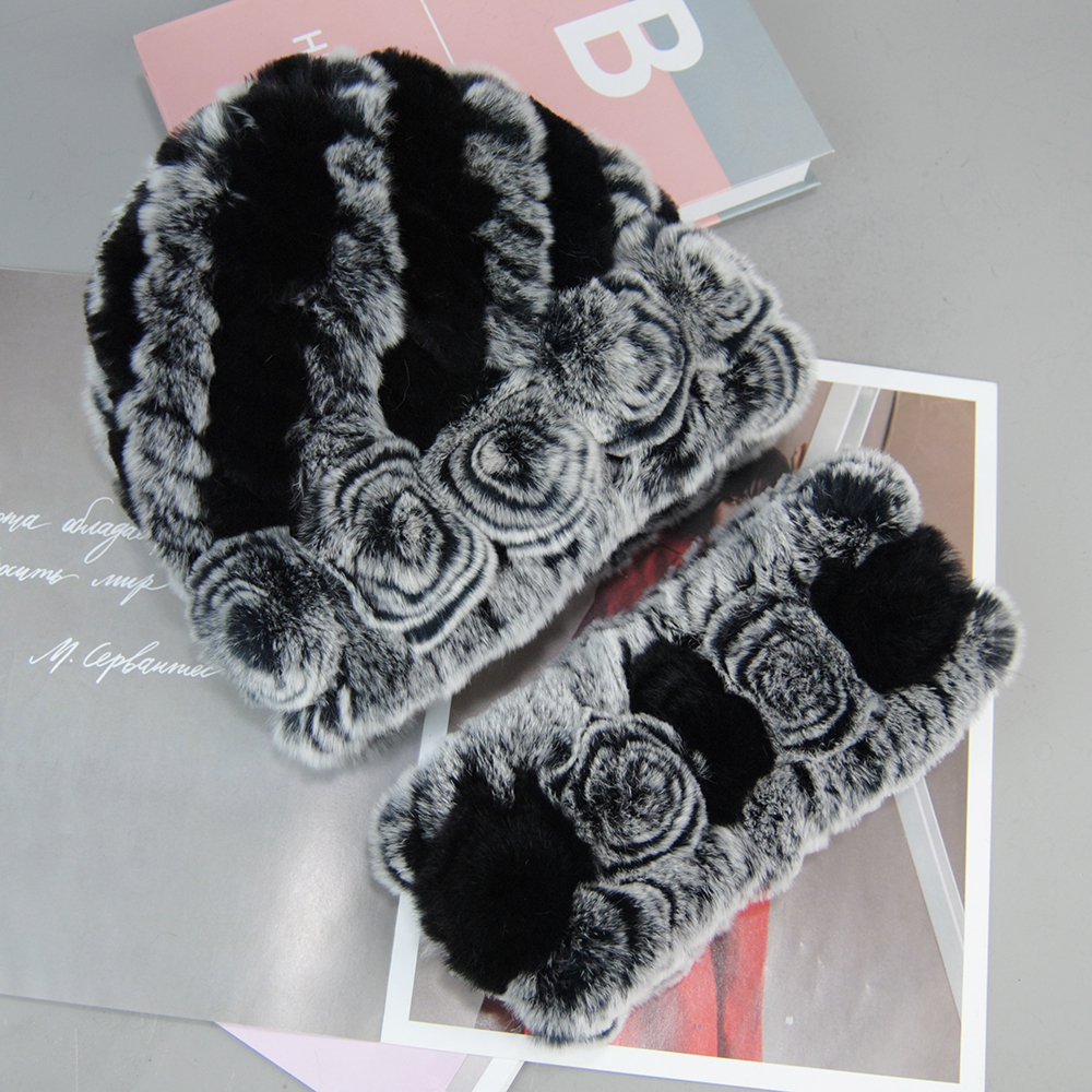Chapeau et écharpe en fourrure de lapin Rex véritable pour femme, ensembles de silencieux, bonnet en fourrure pour fille, tricot naturel, haute qualité, dame, mode, hiver, 100%