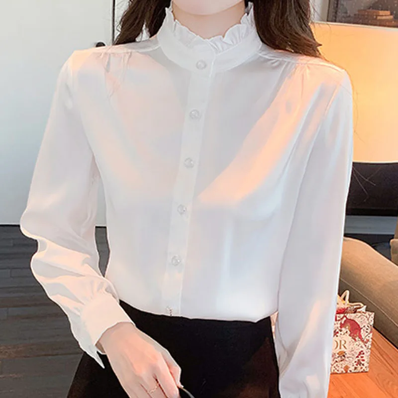 Chemisier en mousseline de soie à manches longues pour femmes, chemise à la mode, col montant, chemisier blanc, H540, 2024