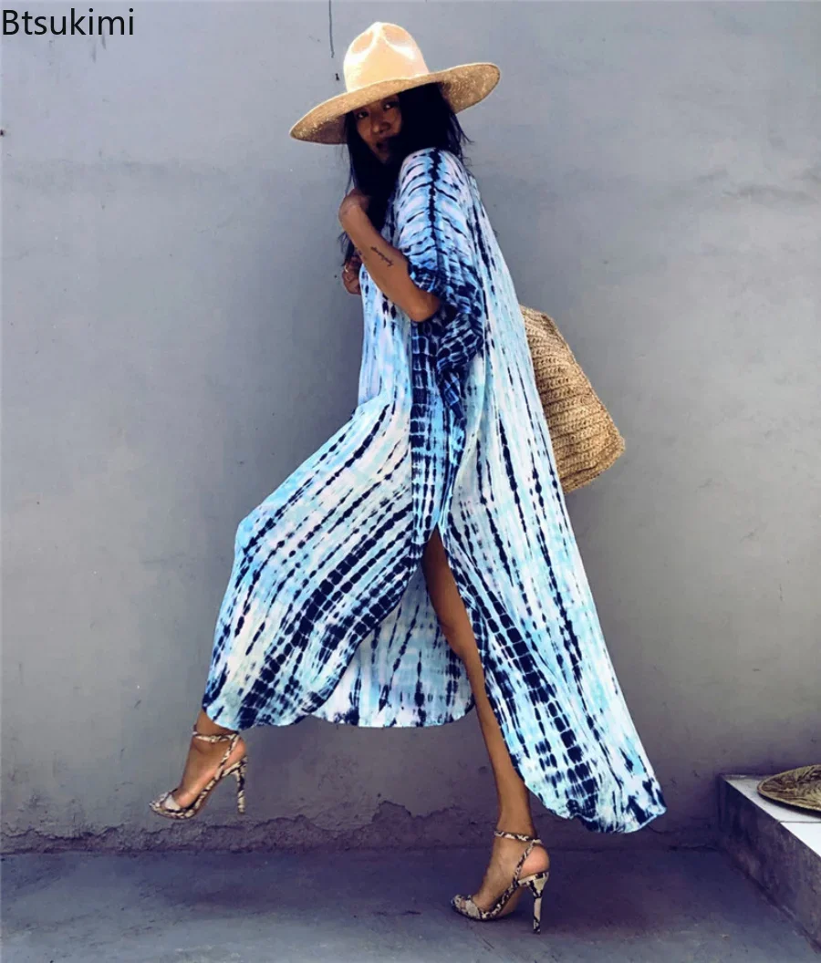 Robe de plage bohème rayée pour femme, tunique d'été, paréo de bain, kaftan, collection été 2026