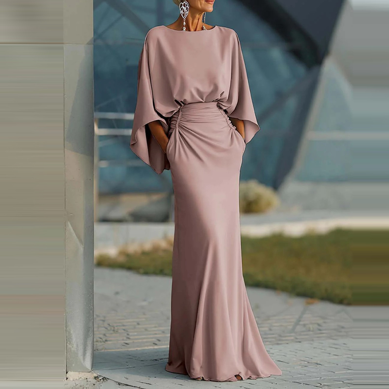 Robe longue plissée élégante à taille haute pour femme, col rond, manches chauve-souris, dos nu, poches, couleur unie, idéale pour les soirées