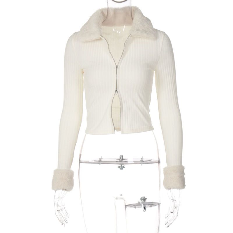 Nouveau pull en tricot pour fille style scolaire, coupe ajustée avec col en fourrure, pull chaud à fermeture éclair double sens style Spice Girl