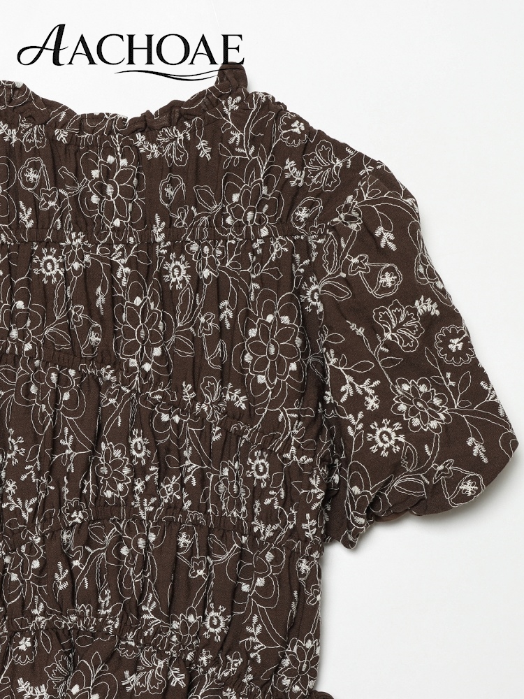AACHOAE Blouse en coton brodée florale pour femme, haut à manches bouffantes et basque, chemise bohème vintage brodée, coupe ample décontractée pour l'été