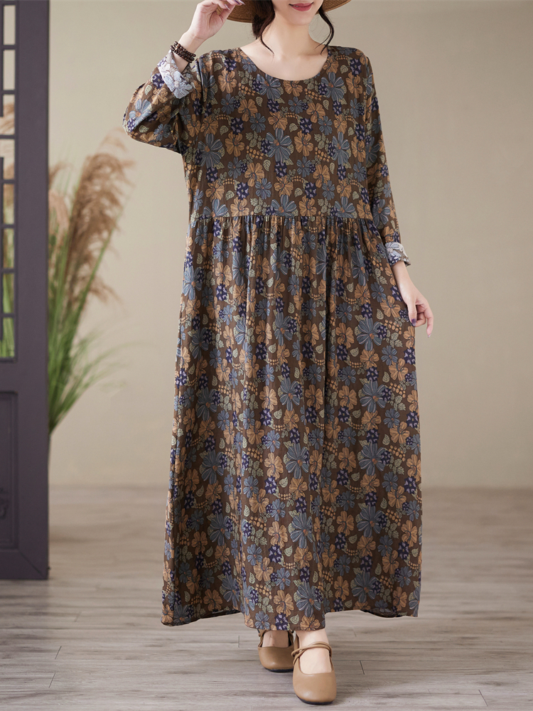 Robe longue à manches longues en coton imprimé floral vintage pour femme, collection Printemps-Automne 2026, style décontracté et ample, vêtements de mode
