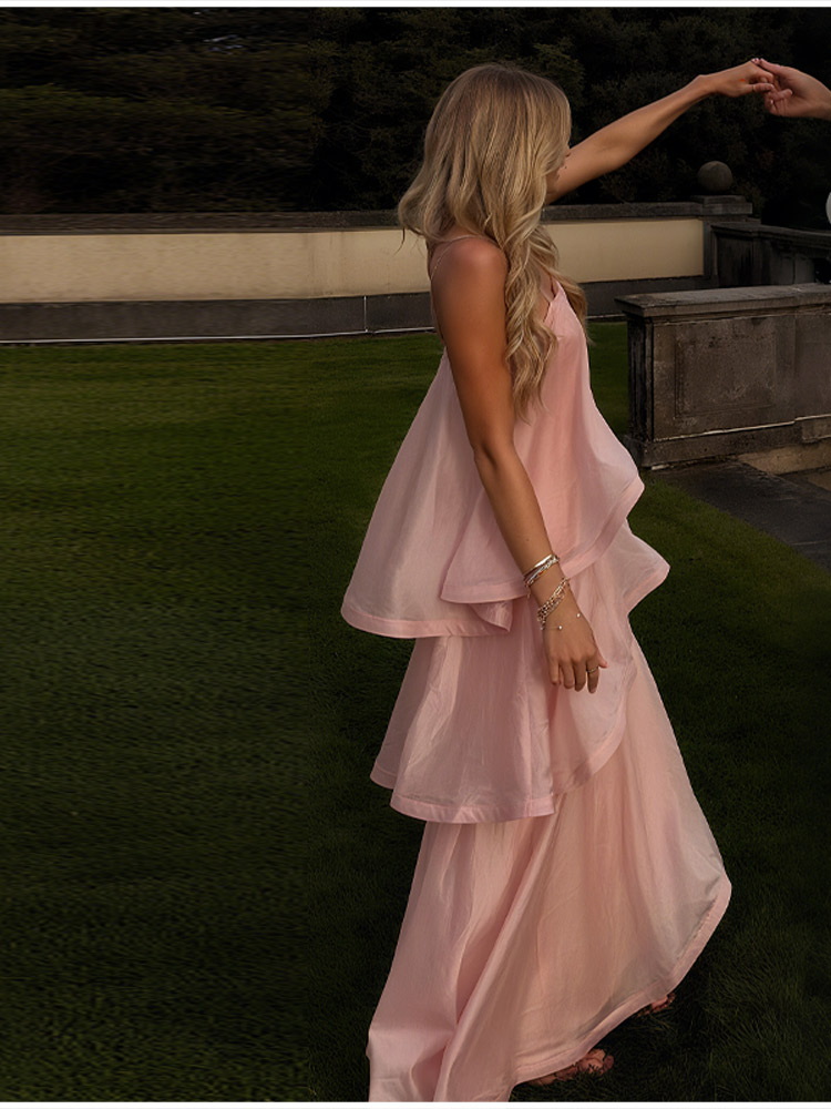 Chic rose doux couche ourlet licou robe sans manches une ligne fête Maxi Robes élégantes longues Robes 2026 solide Robes de banlieue