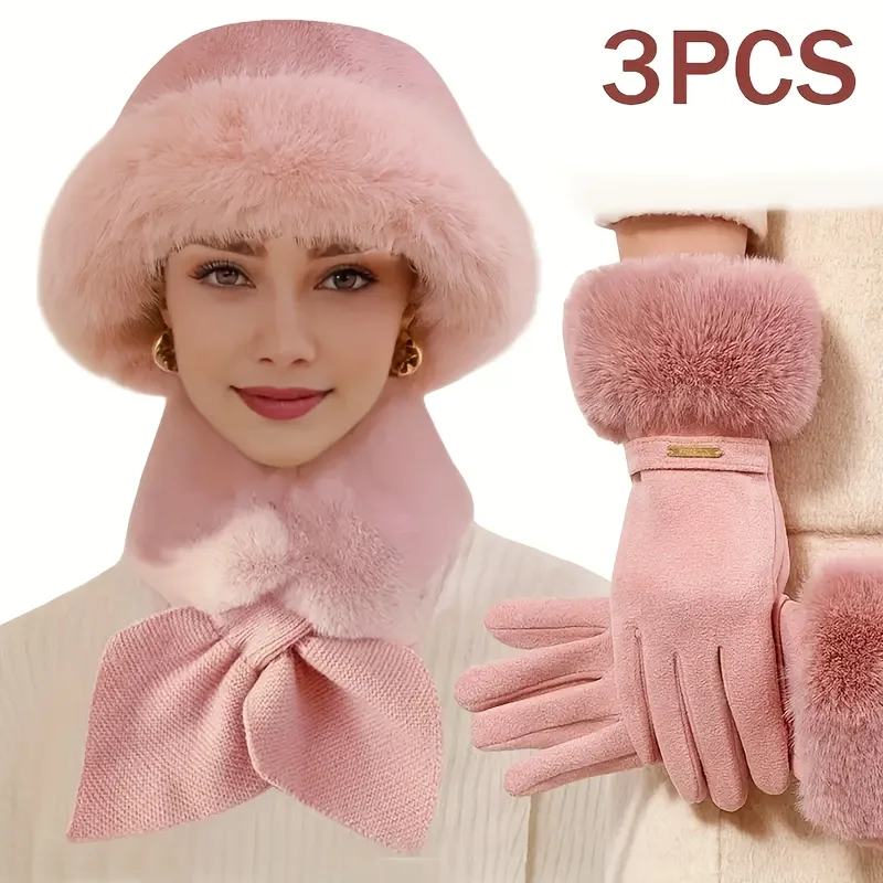 Ensemble de trois accessoires d'hiver pour femmes comprenant des gants en velours épais, des écharpes et des chapeaux adaptés aux températures froides