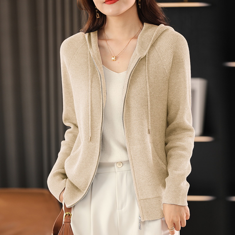 Pull en mélange de laine pour femme, col à capuche, tricoté épais, fermeture éclair, avec base de poche, automne et hiver ​ Top manteau femme