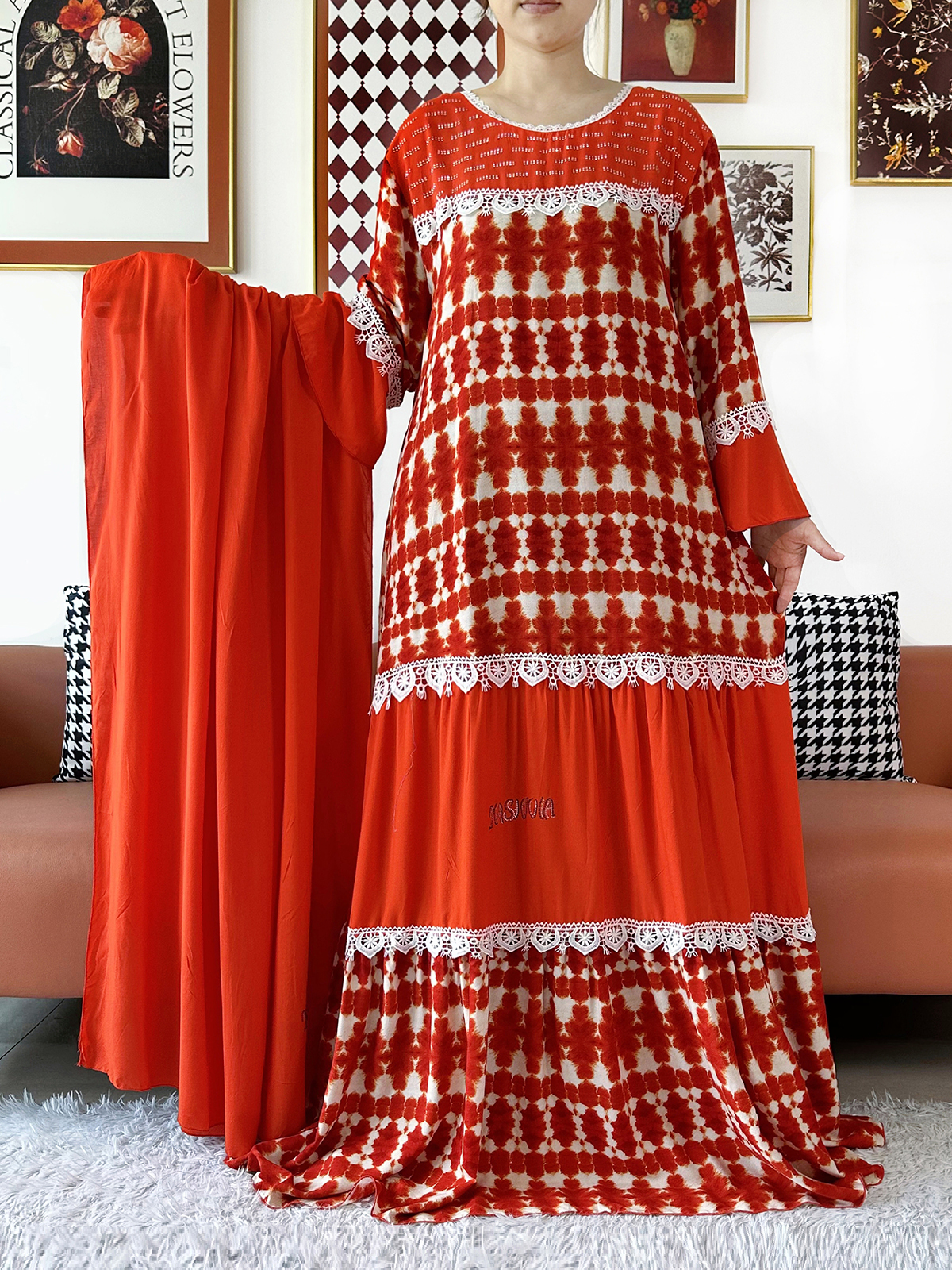 Abaya de fête pour femme de haute qualité, en coton à motif floral ondulé, style Boubou africain, Kaftan ample musulman, Robe longue avec grands châles