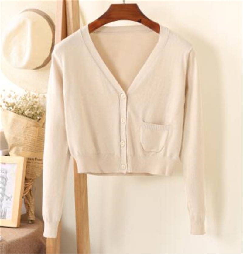 Cardigan court col en V pour femmes, manches longues, en coton, pulls, manteau fin, tricots de printemps