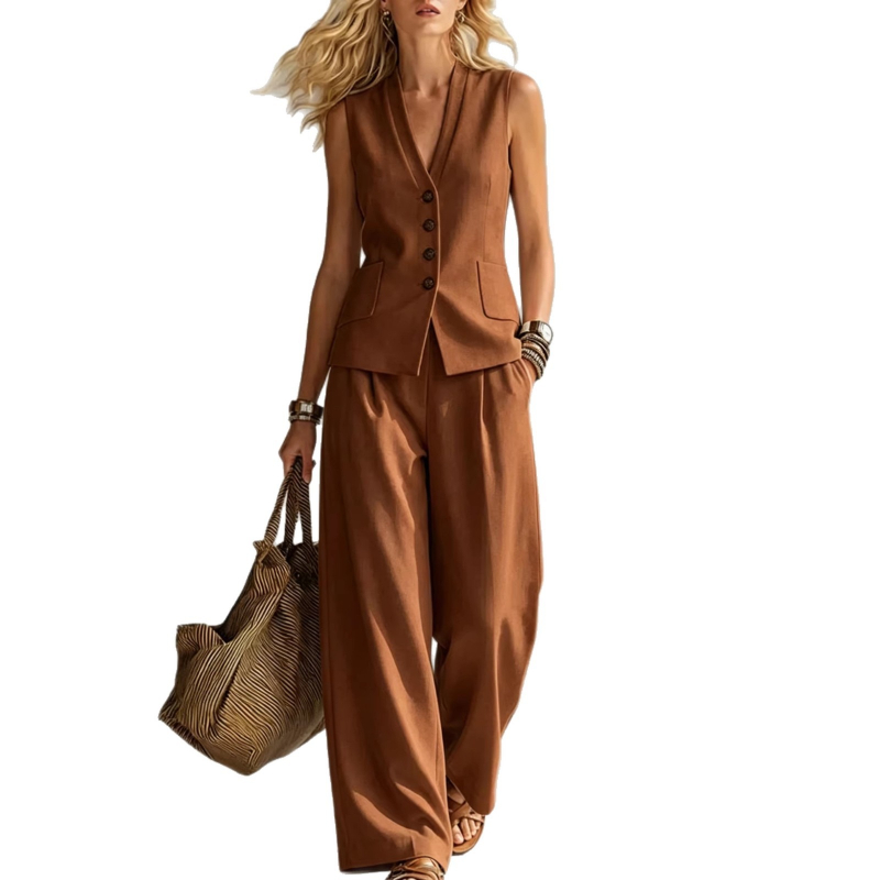 Ensemble pantalon femme deux pièces, débardeur col en V sans manches, pantalon long large taille haute, style Y2K streetwear élégant et décontracté 2026