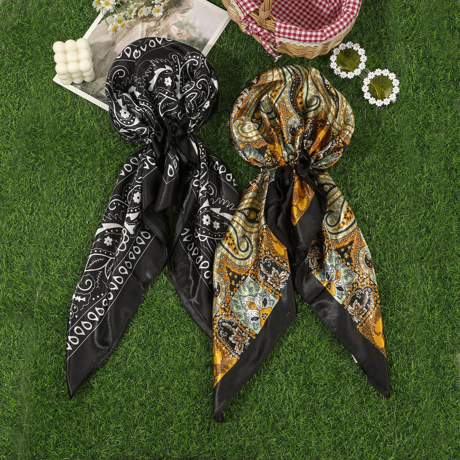 Imprimé Turban chapeau Bandanas bandeau imprimé léopard hommes enveloppe de cheveux Foulard Satin châle tête Bandana Hijab femmes cheveux accessoires