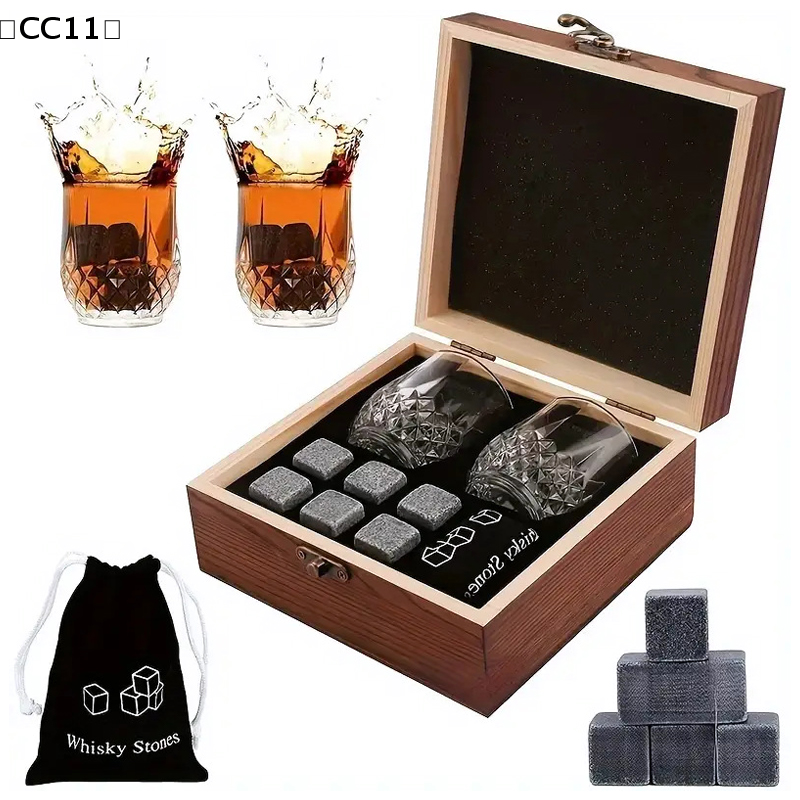 Cadeau pour la fête des pères, ensemble de pierres à whisky, 8 pièces, cubes de glace en granit + 2 tasses pour whisky dans une boîte en bois, cadeau pour papa〔CC11〕