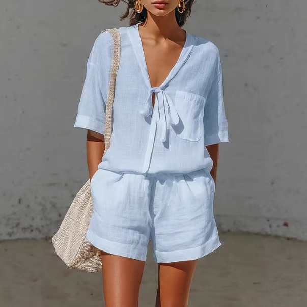 Ensembles de Blouses pour Femmes – 2 Pièces Décontractées en Promotion : Blouse à Lacets & Short Taille Haute Ample – NSFZC-Y3372