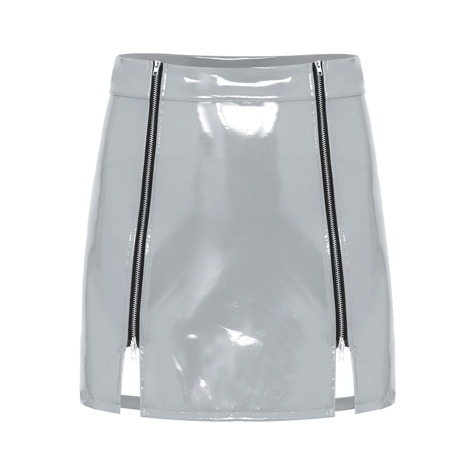 Jupe mini trapèze taille haute pour femme en similicuir effet mouillé avec fente, style moulant, pour l'été, les soirées, les raves et les tenues quotidiennes