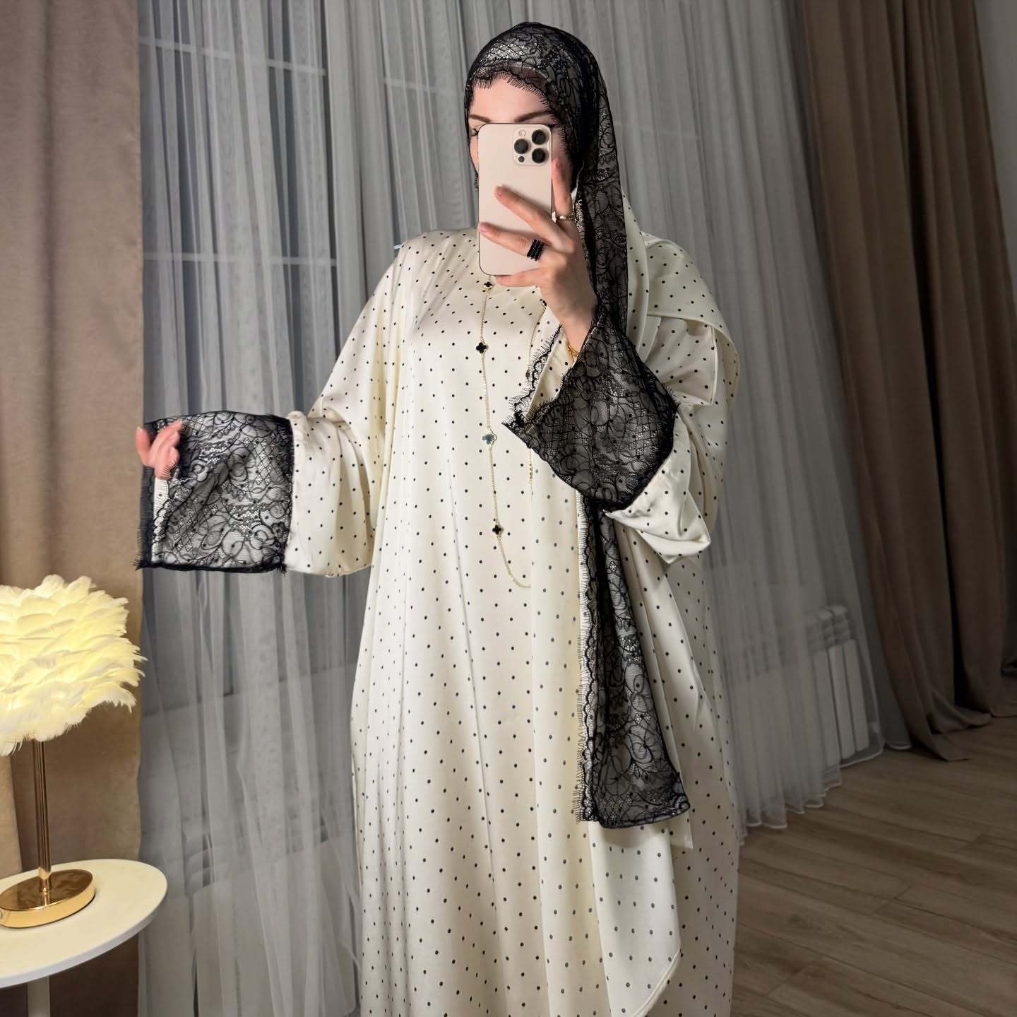 Robe Hijab pour femmes, ensemble de 2 pièces, dentelle, imprimé à pois, robe de fête musulmane, Khimar, Ramadan, Maroc, Kaftan, Vestidos, Jalabiya