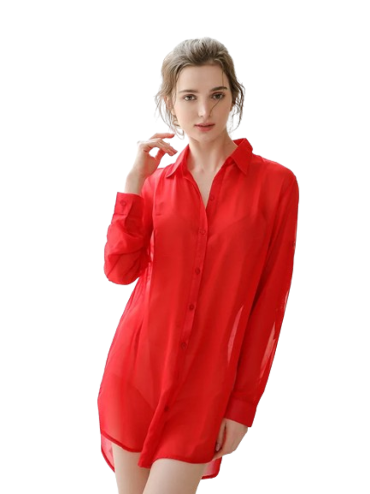 Style ample chemisier chemise rose Sexy pure femmes hauts longs en vrac chemisiers en mousseline de soie Style petit ami vêtements de nuit dame vêtements d'été