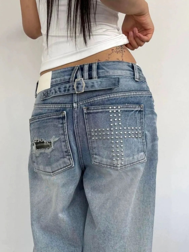 Jean d'été pour femme délavé, effet vieilli, avec strass, style vintage américain Y2K, coupe droite ample, jambe large et tombé fluide