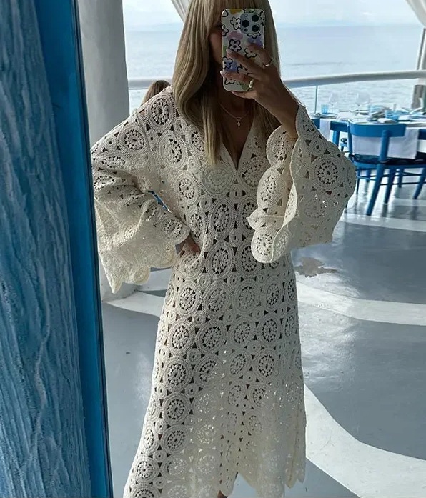 Robe à manches longues brodée en dentelle pour femmes, motif en dentelle, manches évasées, parfaite pour la plage, robe d'été décontractée E2Q1