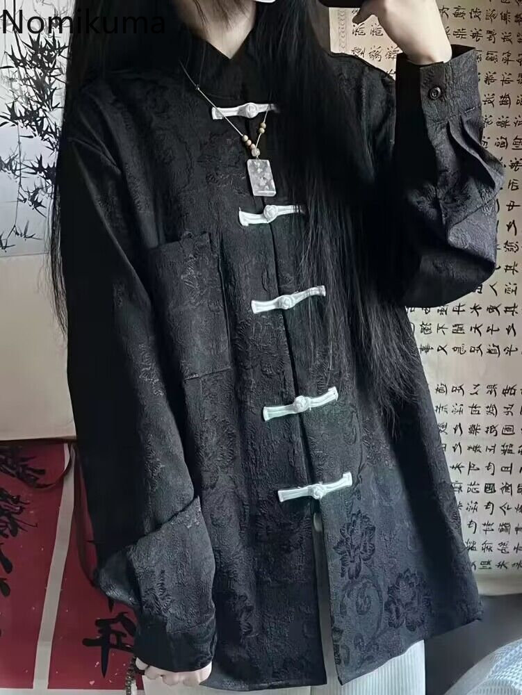 Chemisier Vintage femmes chemise noire col montant chemises à manches longues hauts surdimensionnés Harajuku mode Blouses gothique Blusas De Mujer