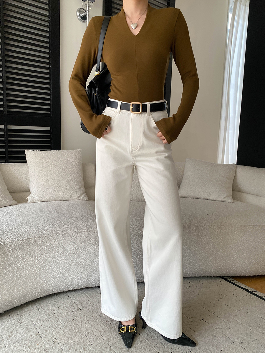 Jean taille haute à jambe large et droite pour femme, élégant et simple, idéal pour le quotidien, effet amincissant