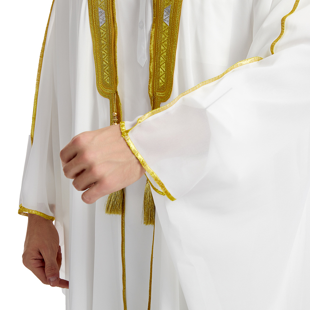 Qamis arabe ouvert pour homme avec broderie dorée, robe ample à manches longues en mousseline de soie, idéale pour les événements saoudiens et du Moyen-Orient
