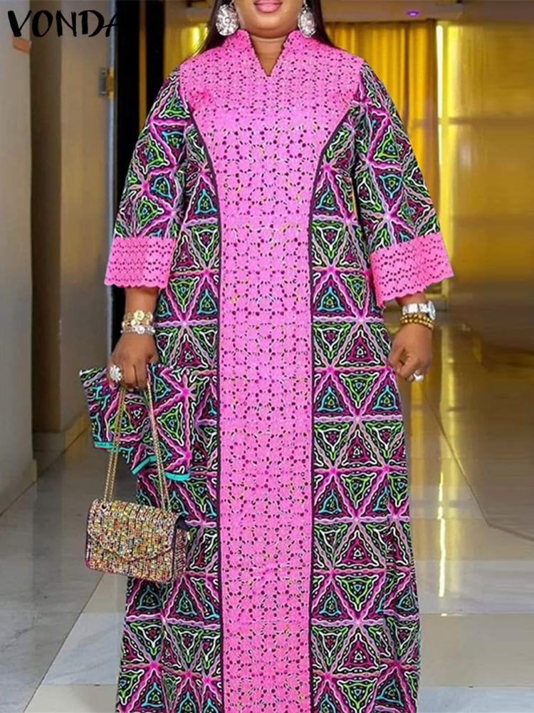 Femmes imprimé fleuri Robe Maxi 2025 VONDA automne à manches longues ample longue Robe bohème robes surdimensionné col en v Robe d'été Baggy