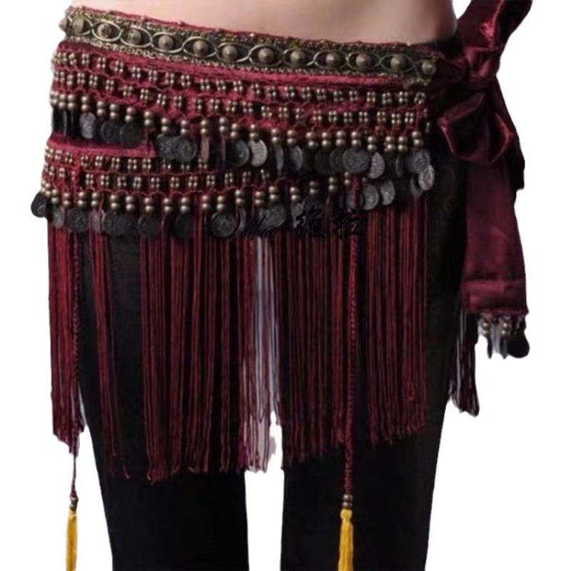 Costumes d'écharpe de hanche de danse du ventre tribal pour femmes, paillettes financières, long pompon, ceinture de danse du ventre, jupe ronde, taille, tenue de carnaval