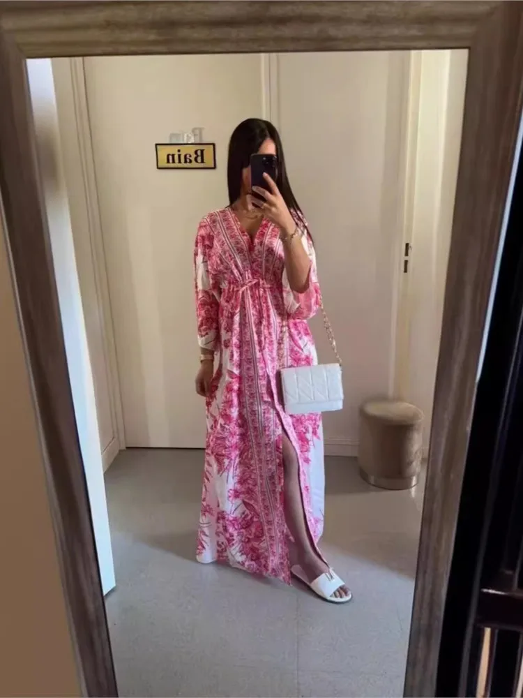 Printemps été nouveau Style de vêtements pour femmes Sexy col en v à manches courtes à la mode imprimé taille cintrée à lacets grande jupe robe