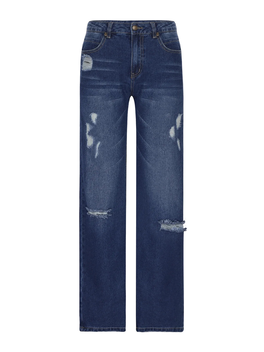 Femmes hommes Denim pantalon décontracté déchiré ample jambe droite jean pantalon bas à la mode pour Streetwear