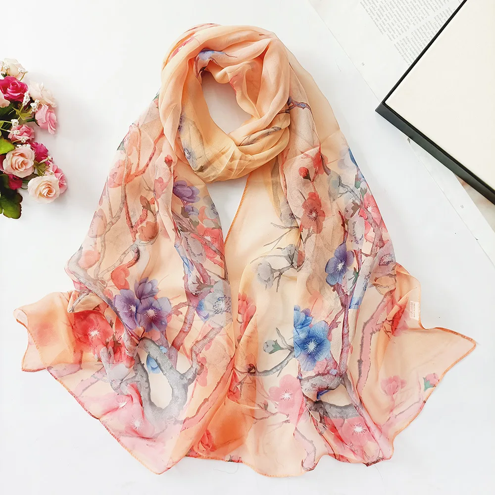 Injplanchers ves-Foulard en mousseline de soie pour femme, châle fin, hijab, imprimé floral, bandana, protection solaire, long cou